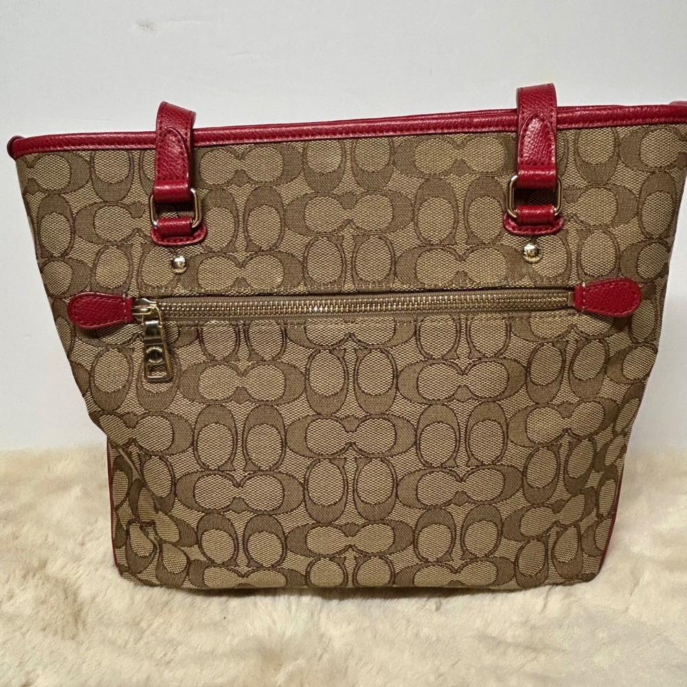 Coach Signature Gallery Tote Khaki Red Leather Trim Canvas Shoulder Bag F55364 - Picture 3 of 15